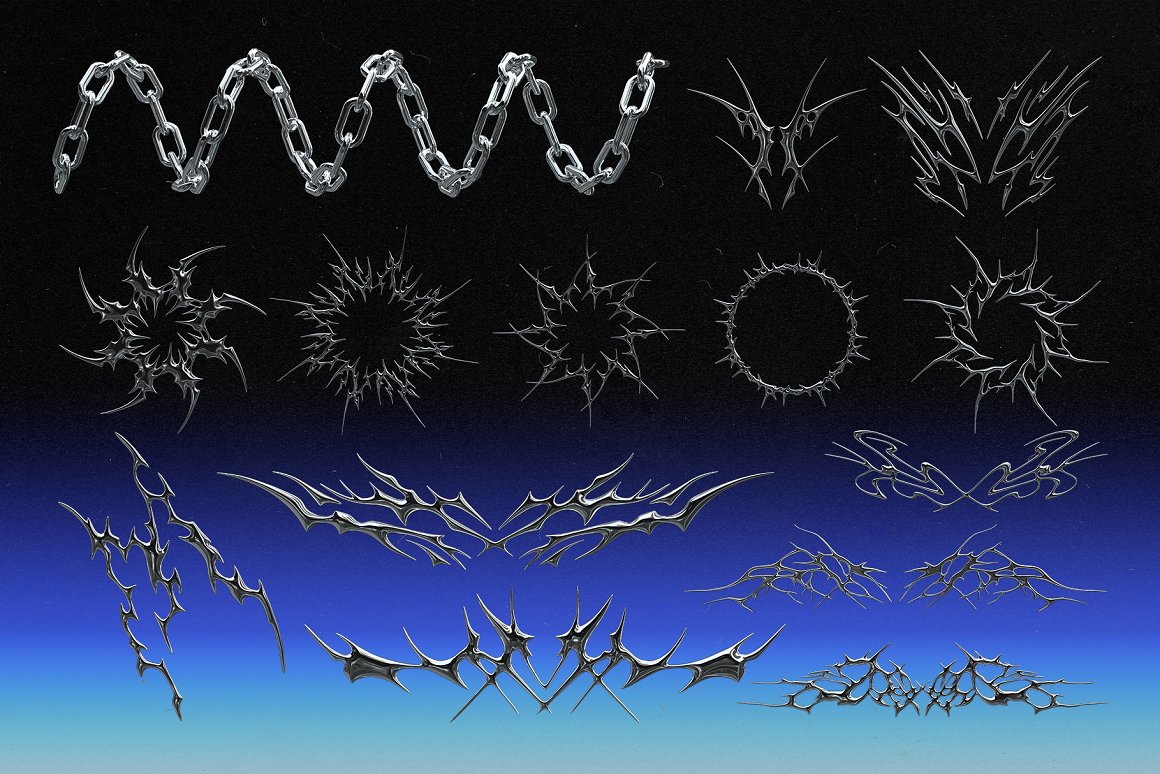 40款3D金属镀铬抽象几何部落图腾锋利尖锐Y2K锁链荆棘爱心笑脸PNG元素设计套装 Chrome Shapes PNG Elements 设计素材 第4张-素材湾丨精选海外优质设计素材资源 40款3D金属镀铬抽象几何部落图腾锋利尖锐Y2K锁链荆棘爱心笑脸PNG元素设计套装 Chrome Shapes PNG Elements 设计素材 sucaiwan.com