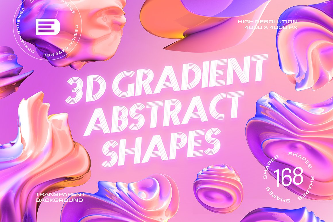 168个超现实扭曲渐变全息抽象艺术多彩3D立体免抠PNG素材 3D Gradient Abstract Shapes 图片素材 sucaiwan.com