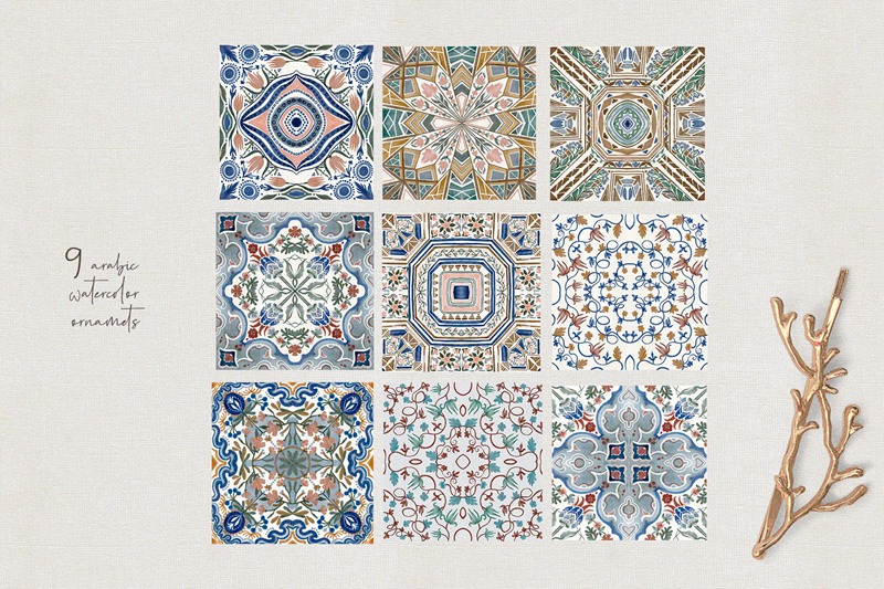 东方正宗瓷砖水彩图案套装 Oriental authentic tiles – watercolor set 图片素材 sucaiwan.com