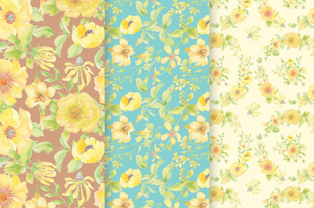 阳光黄色花卉水彩图案 Sunshine Yellow Watercolor Patterns 图片素材 sucaiwan.com