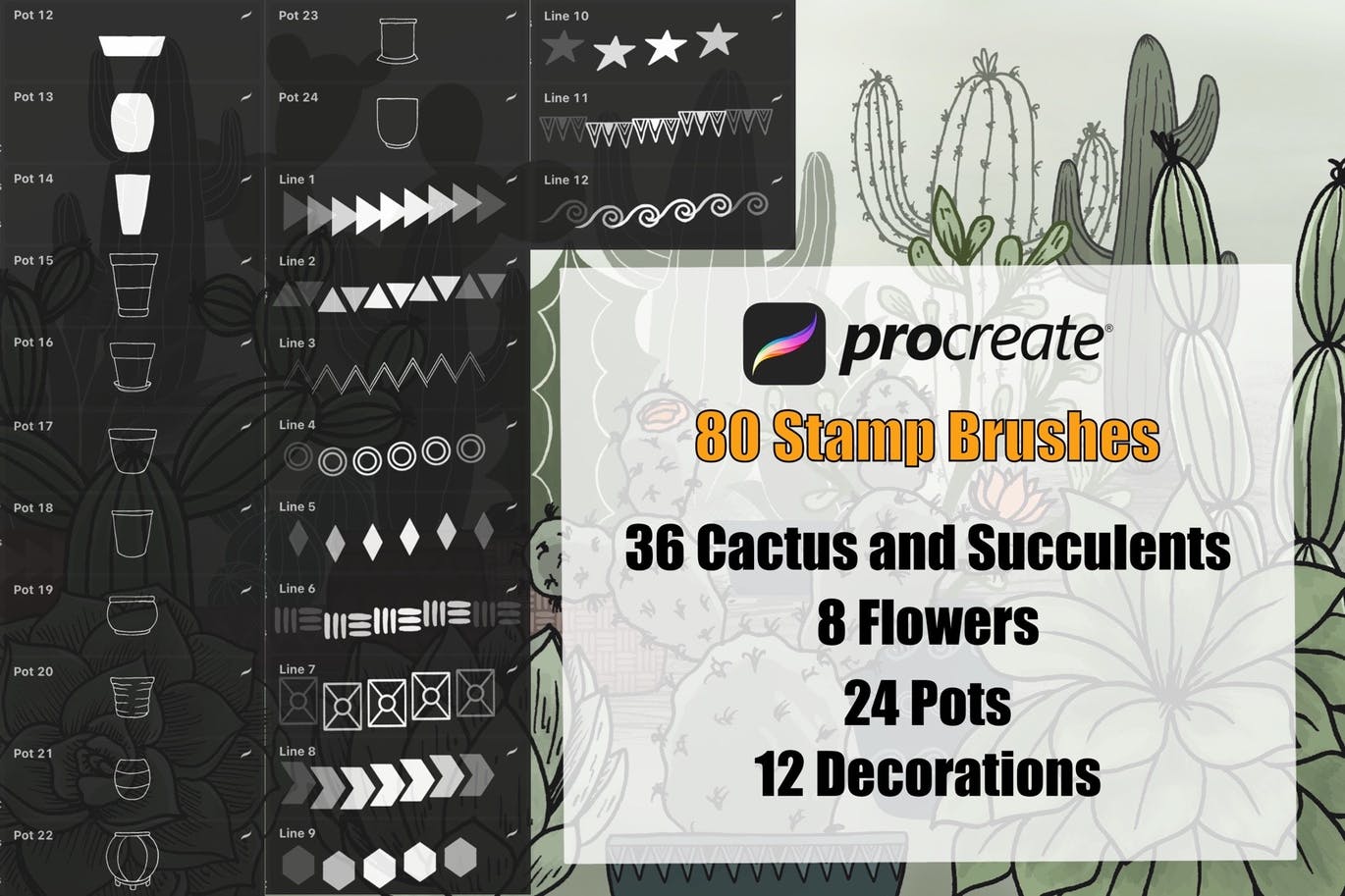 仙人掌多肉植物花盆元素Procreate笔刷素材 Cactus Succulents and Pots – Procreate Brushes 图片素材 sucaiwan.com