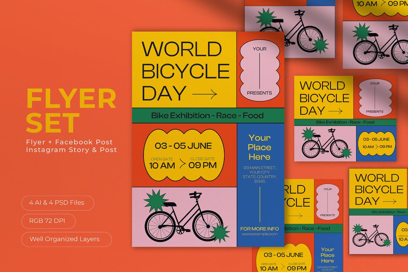 黄色几何图形世界自行车日海报设计模板 Yellow Geometric World Bicycle Day Flyer Set 设计素材 sucaiwan.com