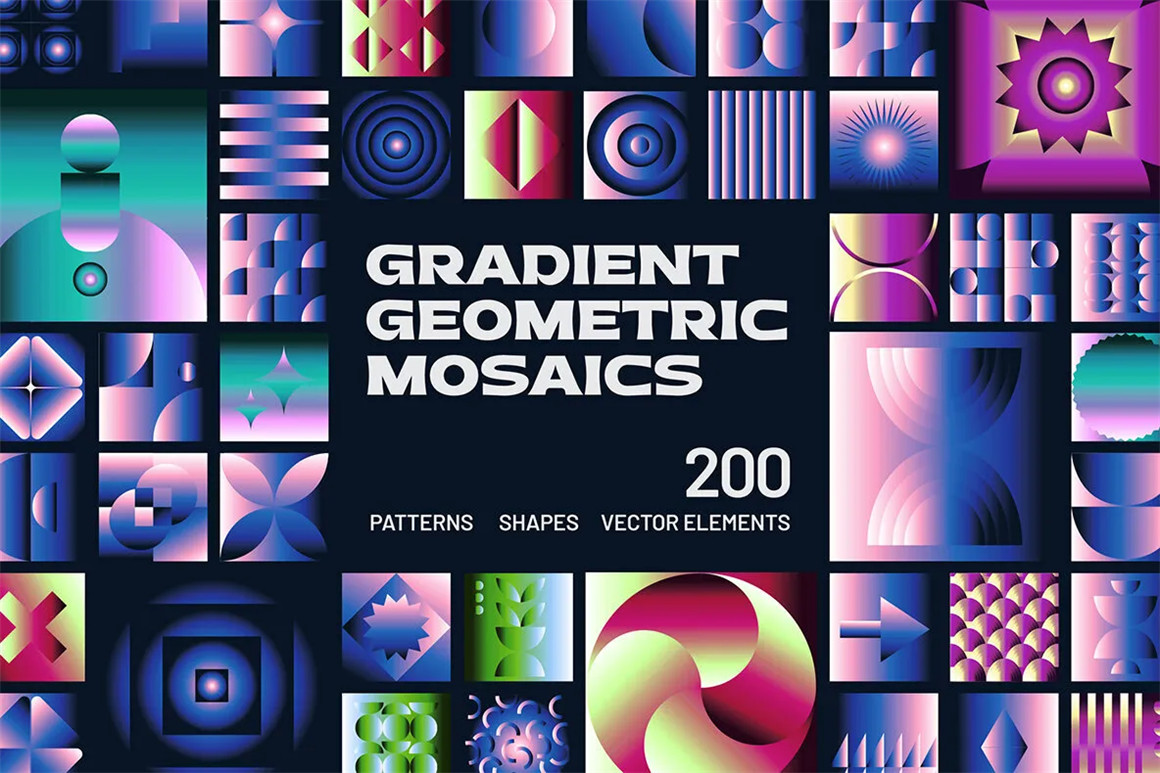 200个时尚抽象艺术马赛克渐变几何图形印花图案AI设计素材源文件 Gradient Geometric Mosaics by Design Essense . 第1张-素材湾丨精选海外优质设计素材资源 200个时尚抽象艺术马赛克渐变几何图形印花图案AI设计素材源文件 Gradient Geometric Mosaics by Design Essense . sucaiwan.com