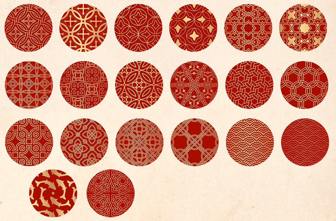 金色东方文化无缝图案素材 Golden Oriental Seamless Patterns 图片素材 sucaiwan.com