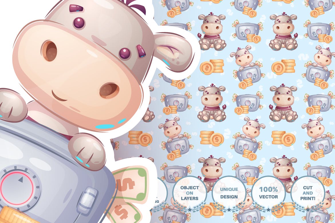 可爱河马无缝图案背景素材 Hippo with money – seamless pattern 图片素材 sucaiwan.com