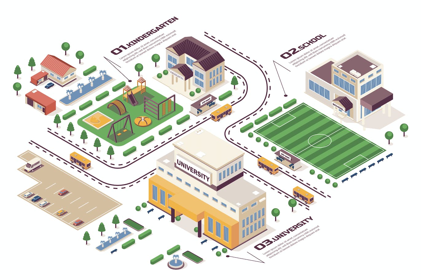 学校学习概念3D等距基建场景矢量插画 School Learning Isometric Infographic 设计素材 sucaiwan.com
