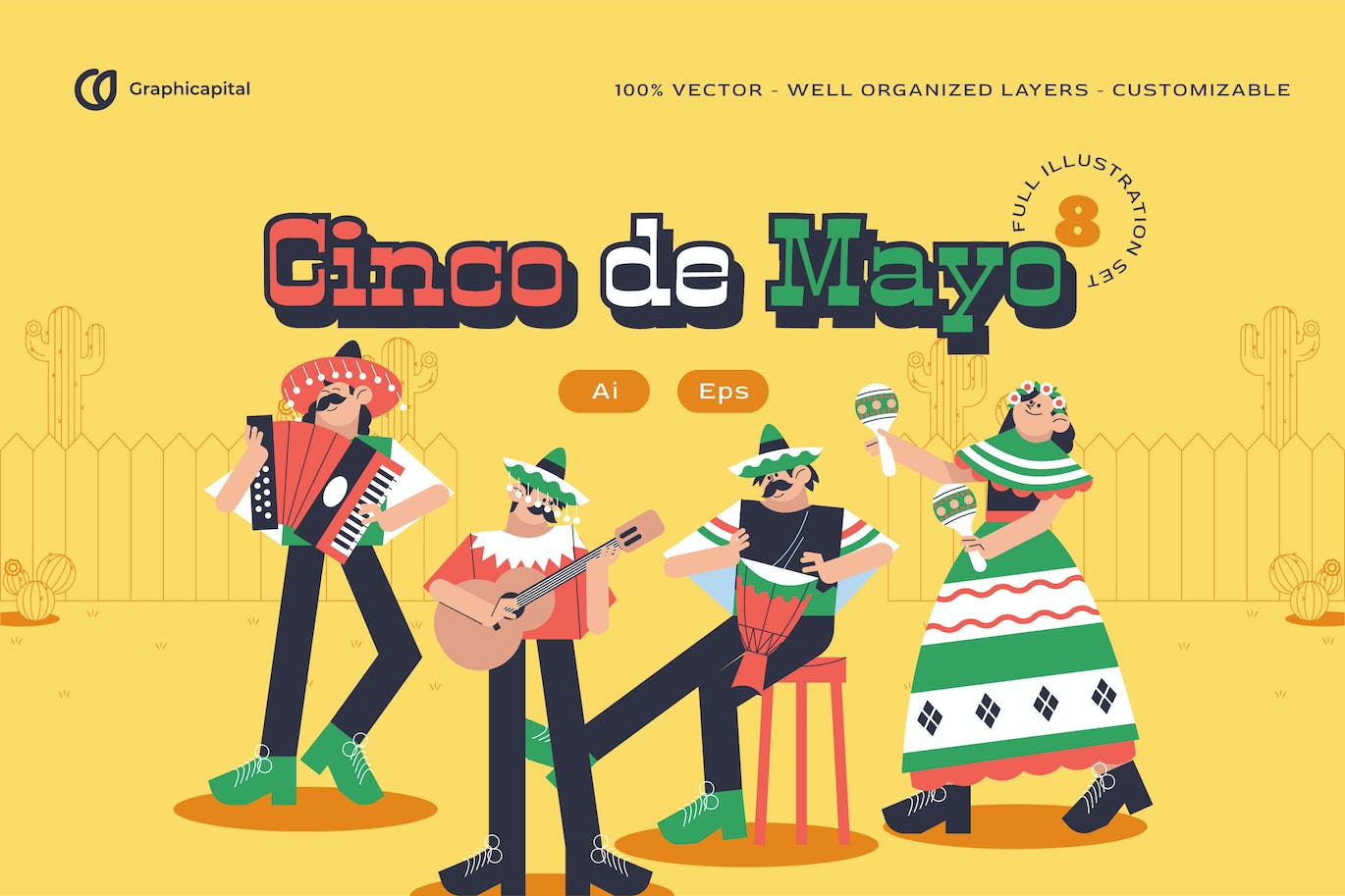 平面设计五月五日节人物矢量插画集 Pink Flat Design Cinco De Mayo Illustration Set 设计素材 sucaiwan.com