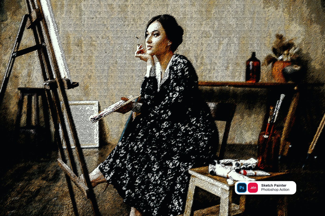 素描油漆画效果照片处理PS动作 Sketch Painter Photoshop Action 插件预设 sucaiwan.com