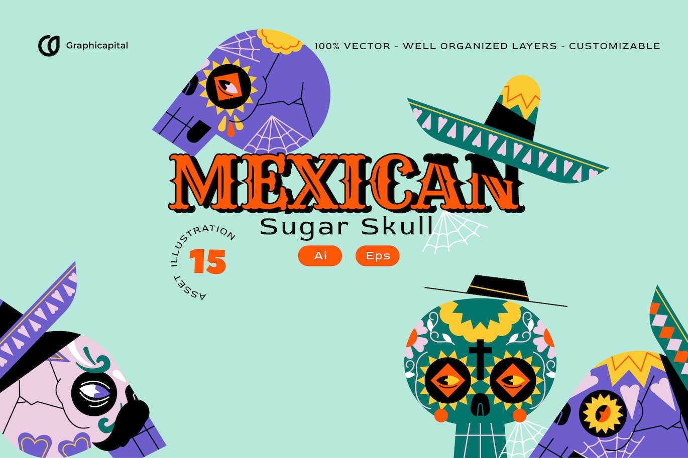 扁平设计骷髅头墨西哥矢量插画集 Pink Flat Design Skull Mexican Illustration Set 设计素材 sucaiwan.com
