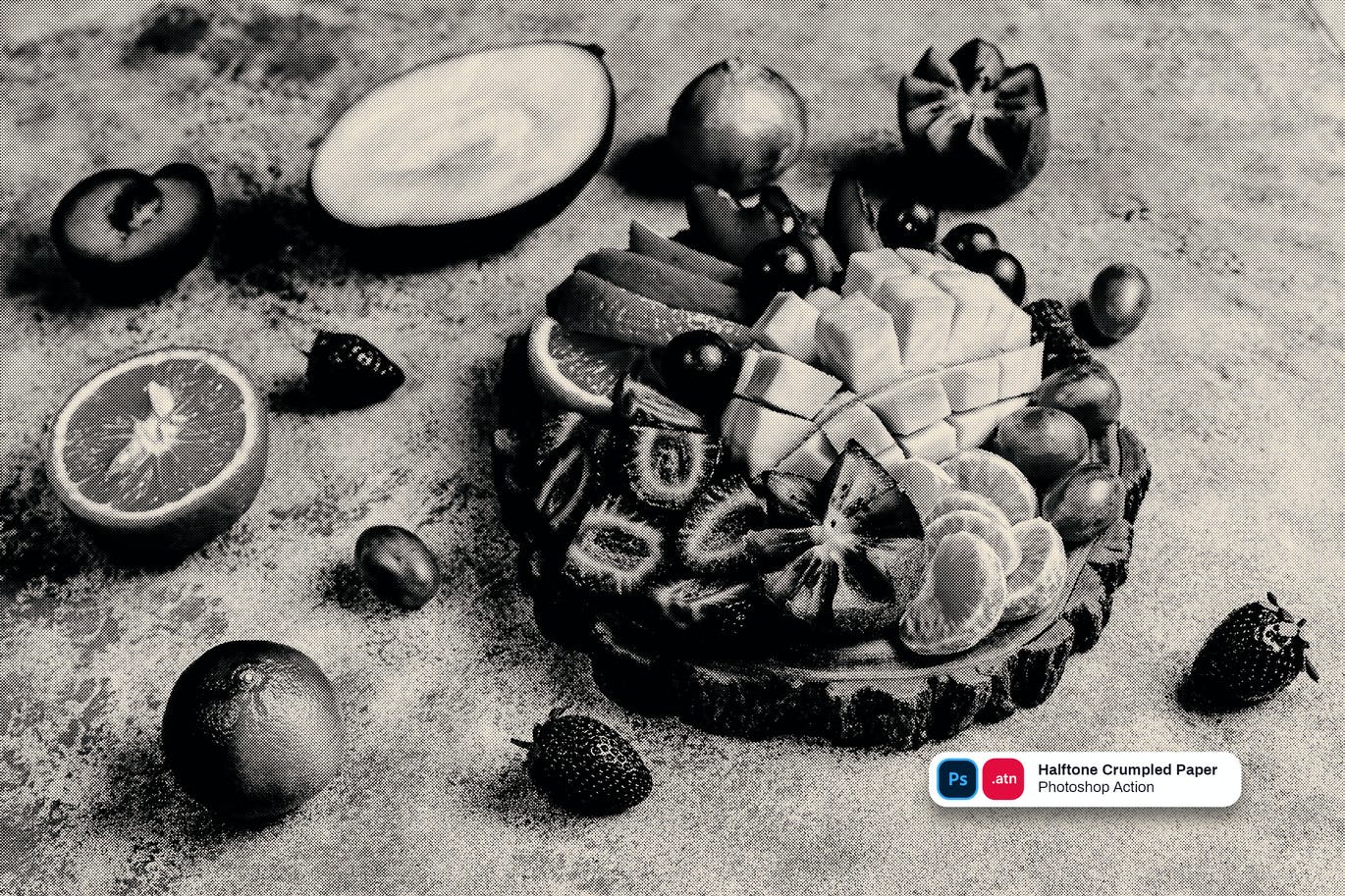 半色调皱褶纸效果照片处理PS动作 Halftone Crumpled Paper Photoshop Action 插件预设 sucaiwan.com