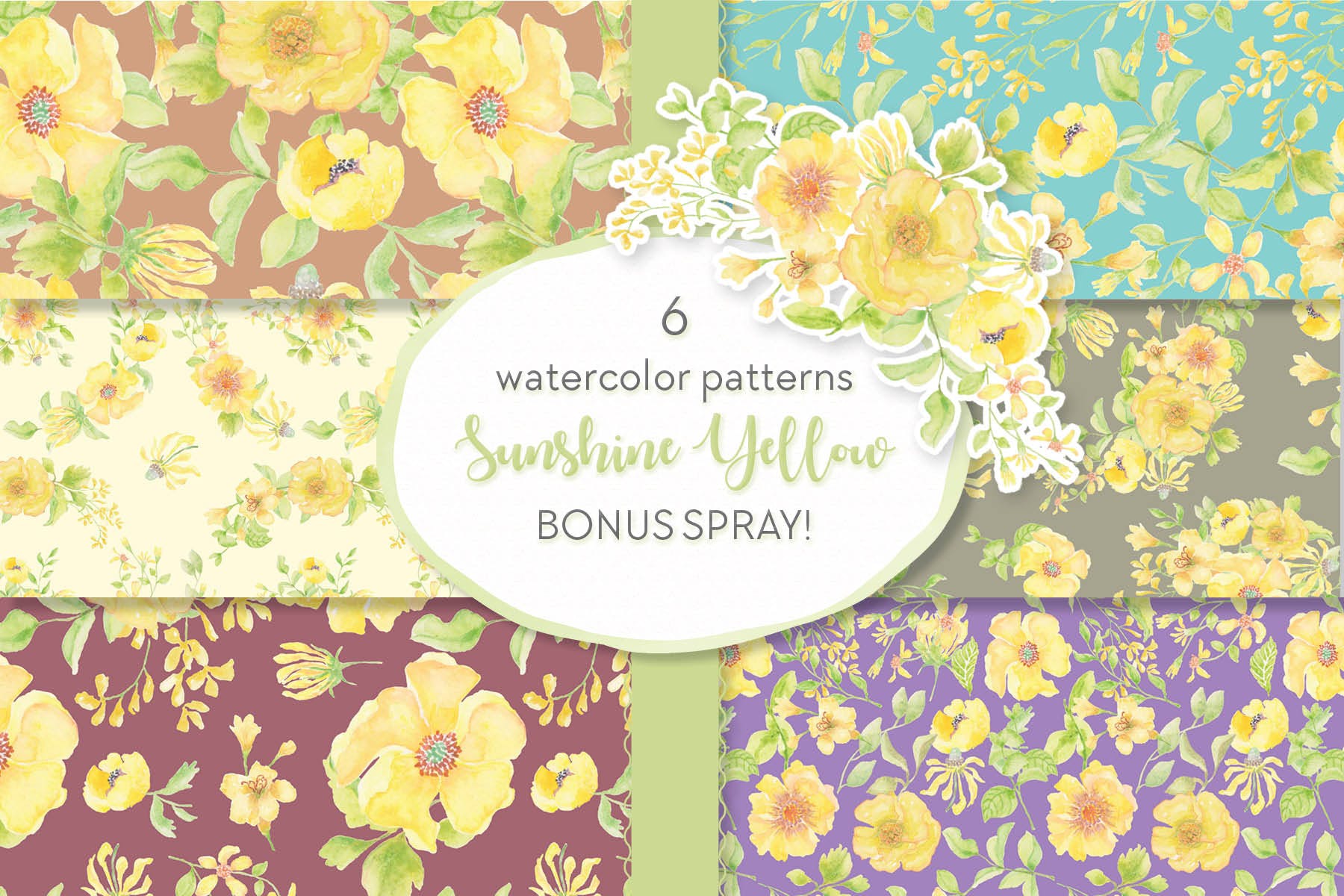 阳光黄色花卉水彩图案 Sunshine Yellow Watercolor Patterns 图片素材 sucaiwan.com