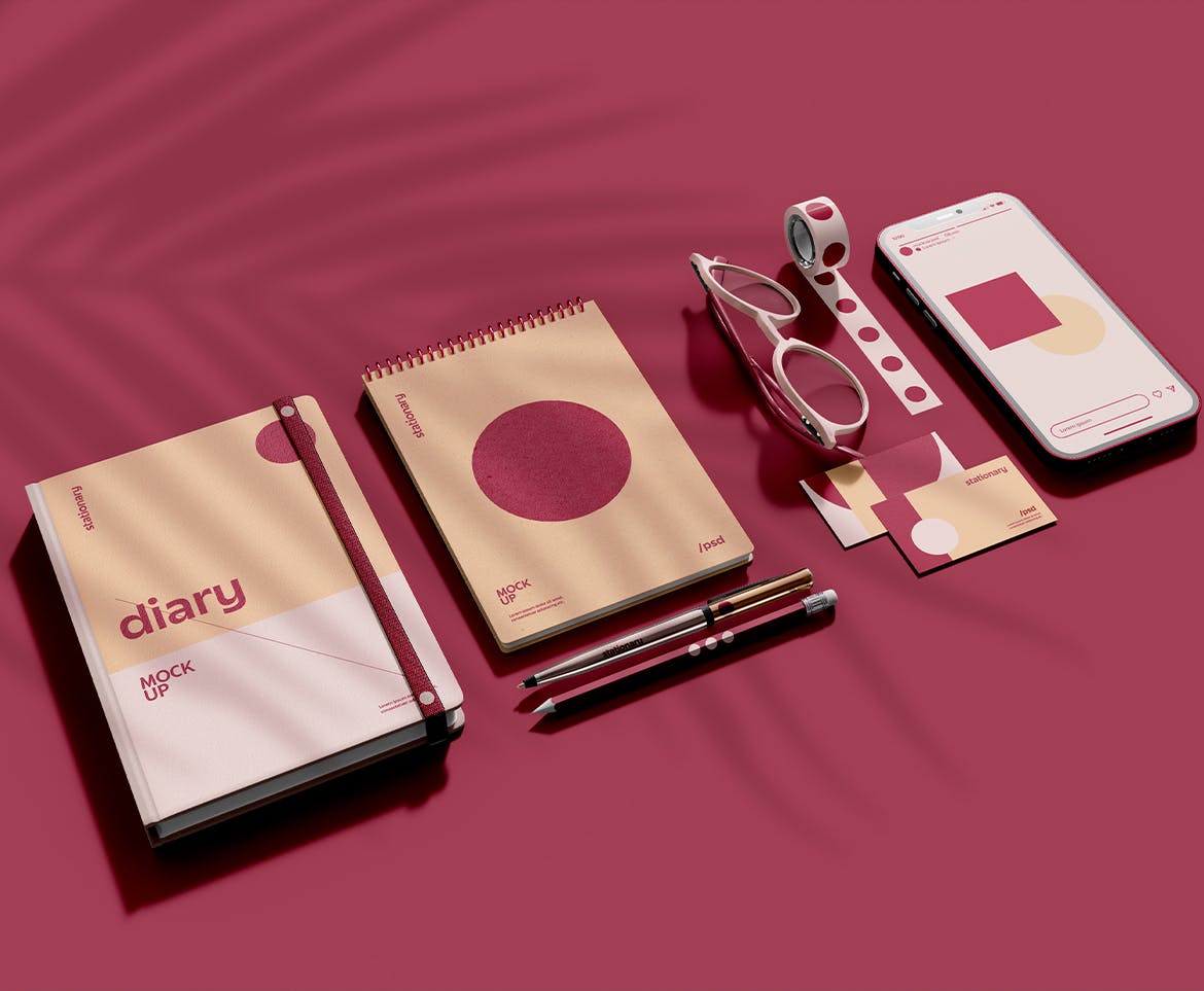 企业文具用具品牌设计展示样机图 Stationery Set Mockup 样机素材 sucaiwan.com