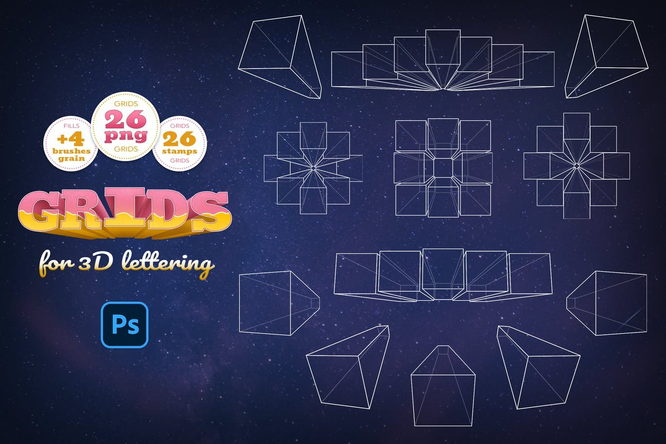 3D字体辅助网格PS笔刷套装 笔刷资源 sucaiwan.com