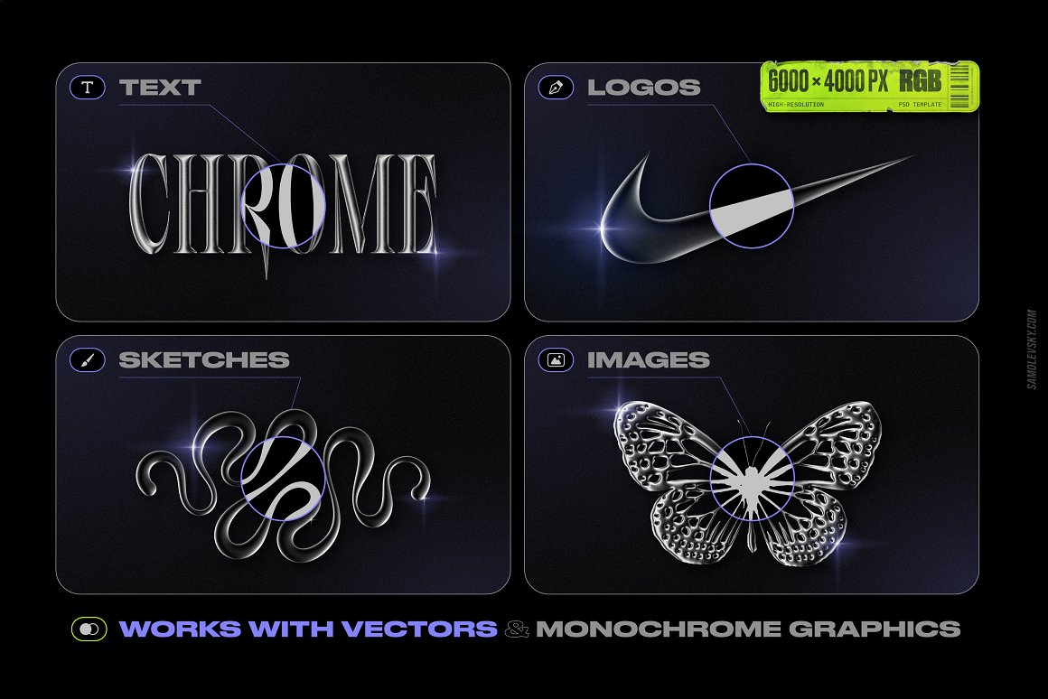 Samolevsky 新潮视觉酸性金属镀铬抽象艺术形状闪光光晕颗粒状纹理PSD模板 Chrome 3D Effect Chrome 3D Photoshop Effect + Shapes 图片素材 第3张-素材湾丨精选海外优质设计素材资源 Samolevsky 新潮视觉酸性金属镀铬抽象艺术形状闪光光晕颗粒状纹理PSD模板 Chrome 3D Effect Chrome 3D Photoshop Effect + Shapes 图片素材 sucaiwan.com