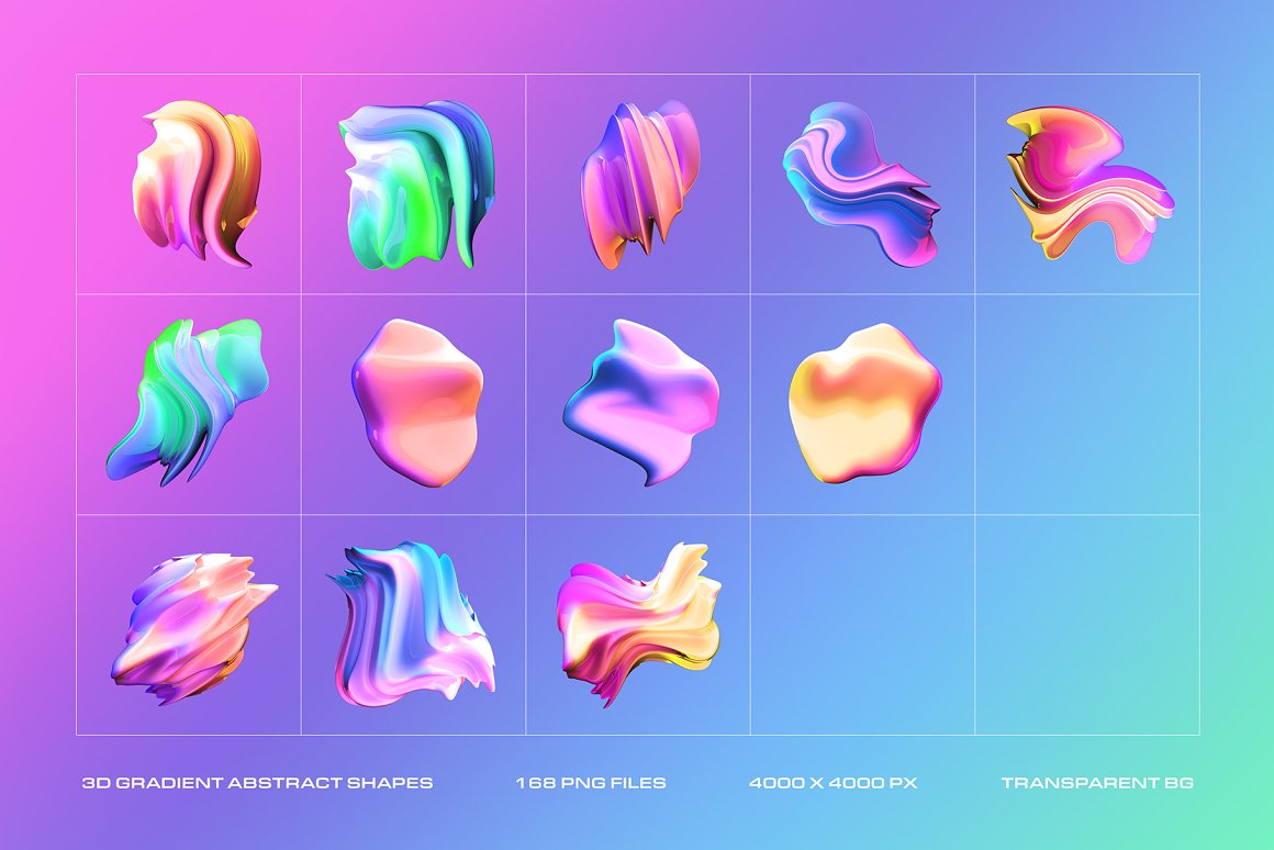 168个超现实扭曲渐变全息抽象艺术多彩3D立体免抠PNG素材 3D Gradient Abstract Shapes 图片素材 sucaiwan.com