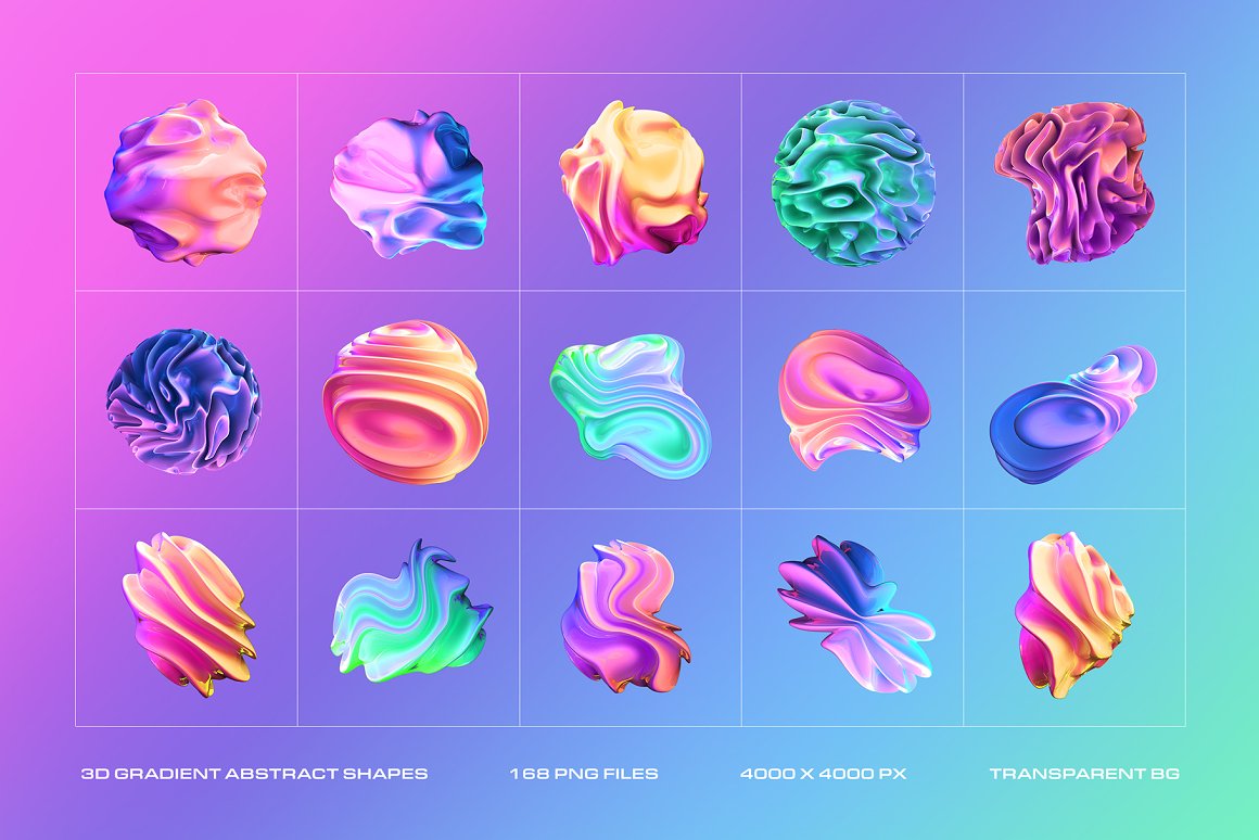 168个超现实扭曲渐变全息抽象艺术多彩3D立体免抠PNG素材 3D Gradient Abstract Shapes 图片素材 sucaiwan.com