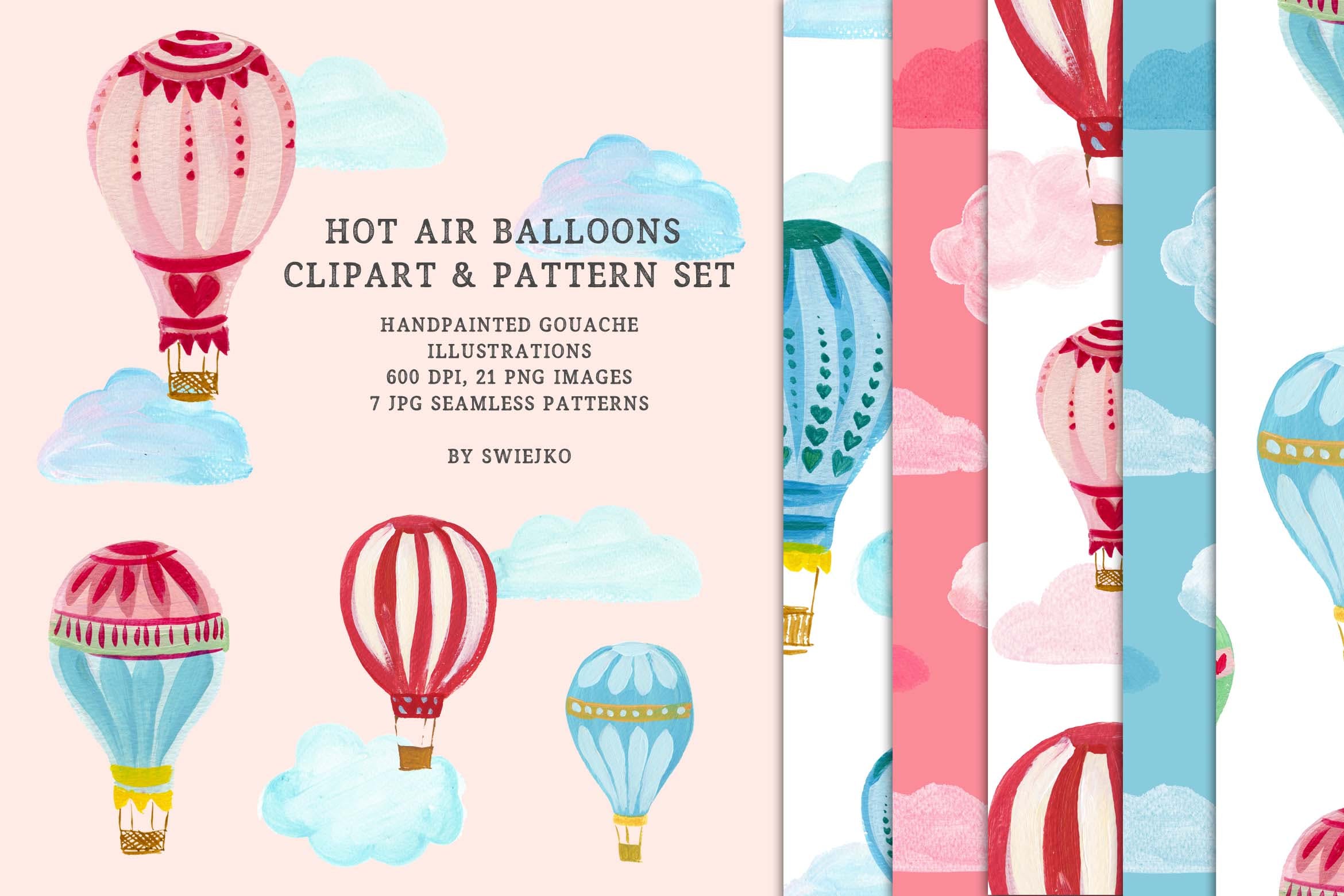 热气球剪贴画和图案集 Hot Air Balloons clipart & pattern set 图片素材 sucaiwan.com