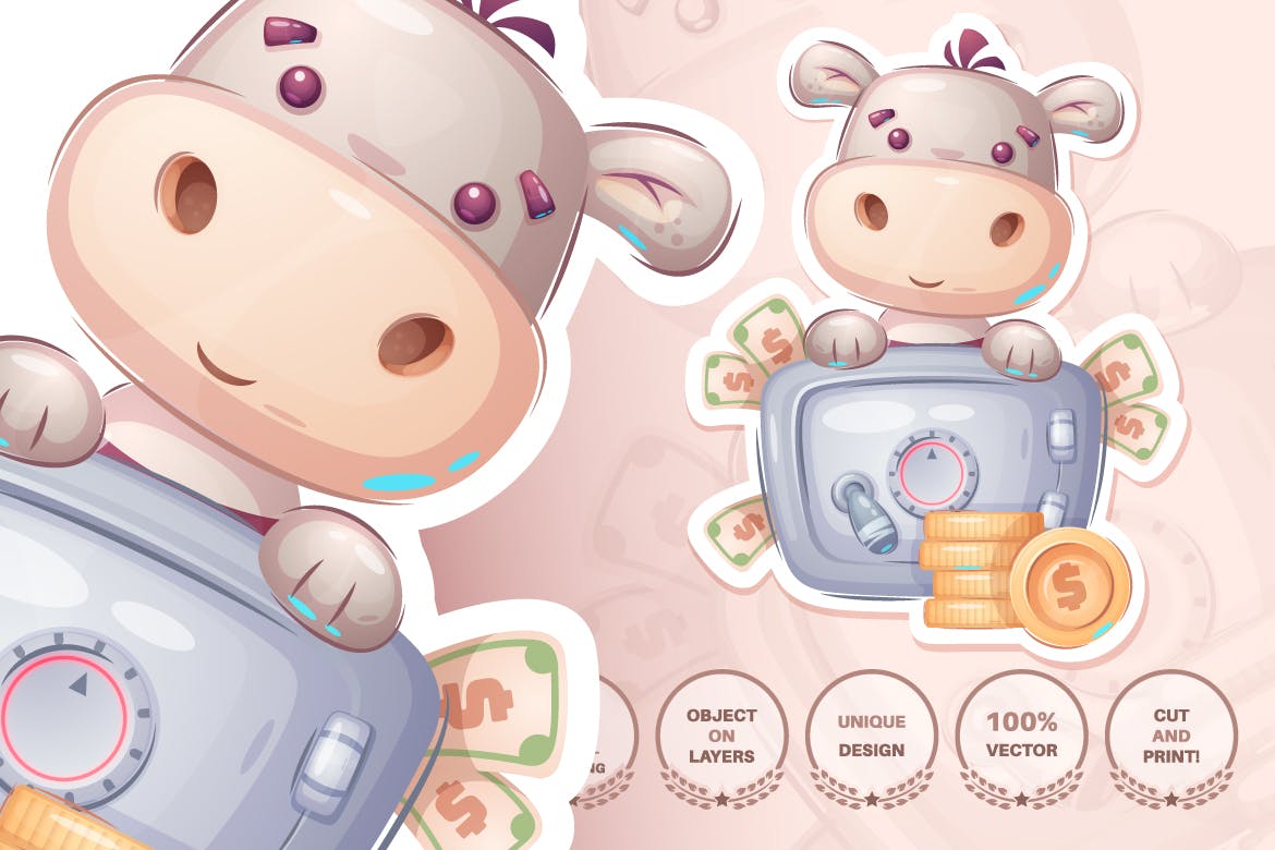 可爱河马无缝图案背景素材 Hippo with money – seamless pattern 图片素材 sucaiwan.com