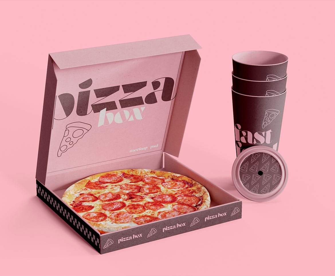 披萨盒与纸杯品牌设计样机图 Pizza Box with Cardboard Cup Mockup 样机素材 sucaiwan.com