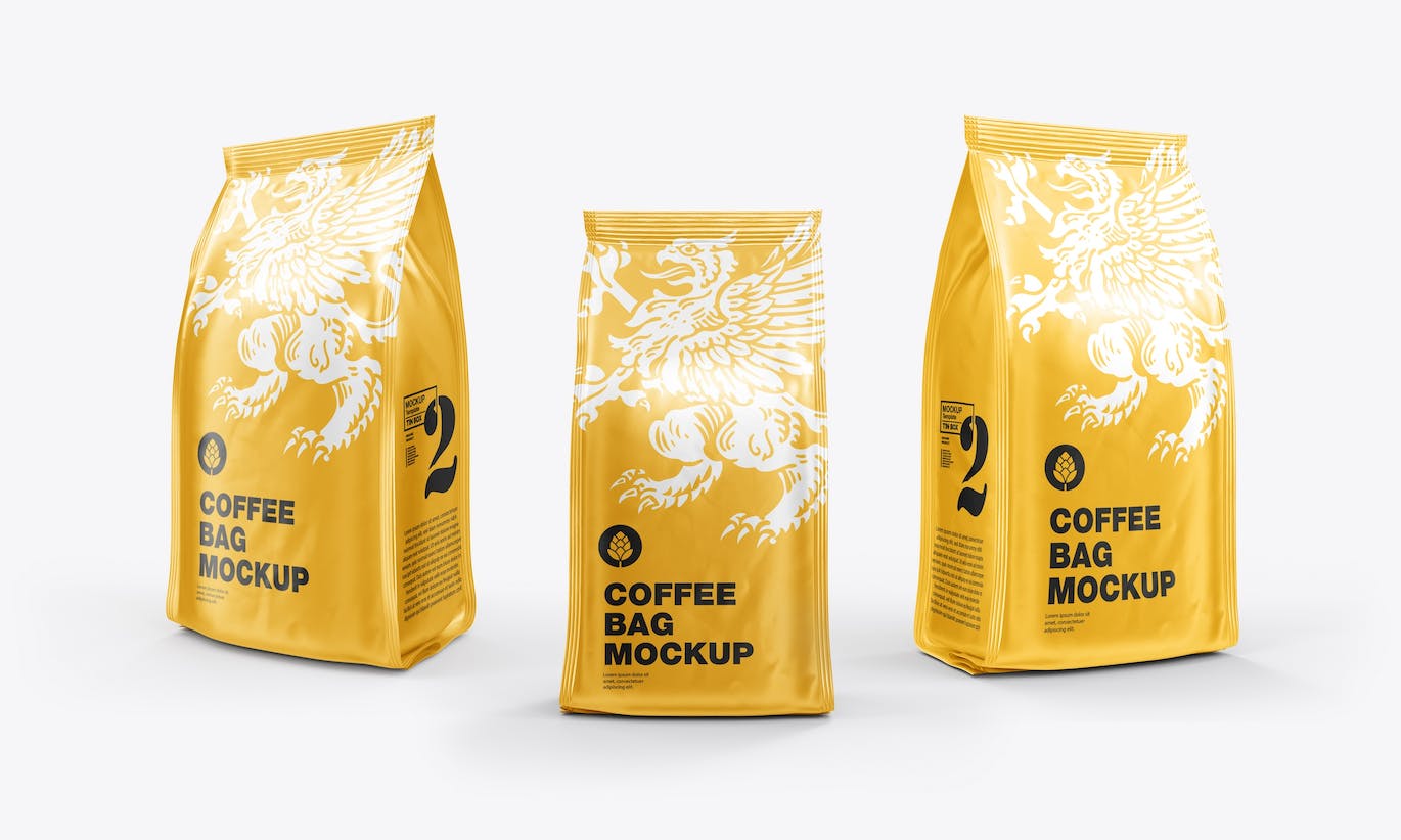 3个箔纸金属咖啡袋包装设计样机图psd模板 Set 3 Metallic Coffee Bags Mockup 样机素材 sucaiwan.com