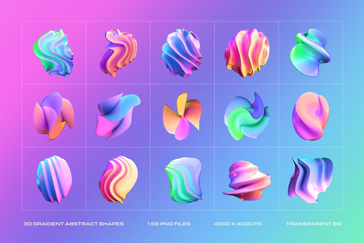 168个超现实扭曲渐变全息抽象艺术多彩3D立体免抠PNG素材 3D Gradient Abstract Shapes 图片素材 sucaiwan.com