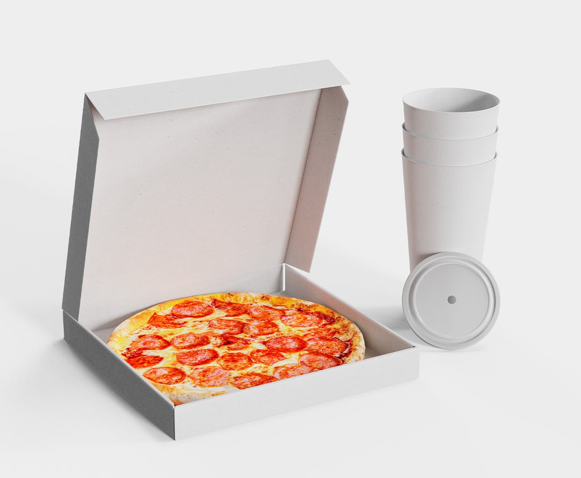 披萨盒与纸杯品牌设计样机图 Pizza Box with Cardboard Cup Mockup 样机素材 sucaiwan.com