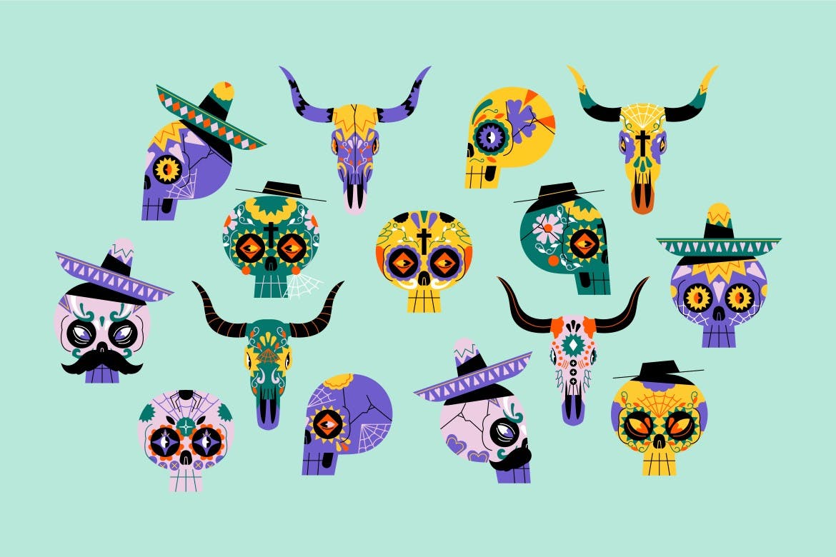 扁平设计骷髅头墨西哥矢量插画集 Pink Flat Design Skull Mexican Illustration Set 设计素材 sucaiwan.com