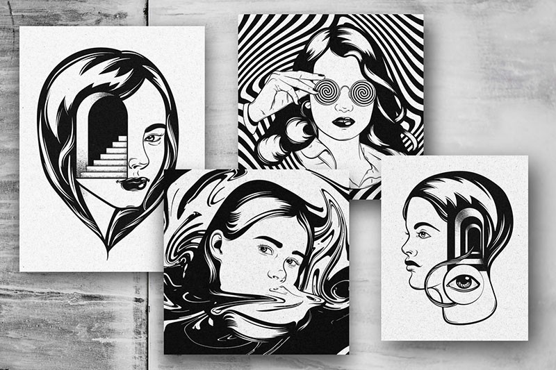 超现实女性肖像艺术版画和背景图案，AI源文件 图片素材 sucaiwan.com