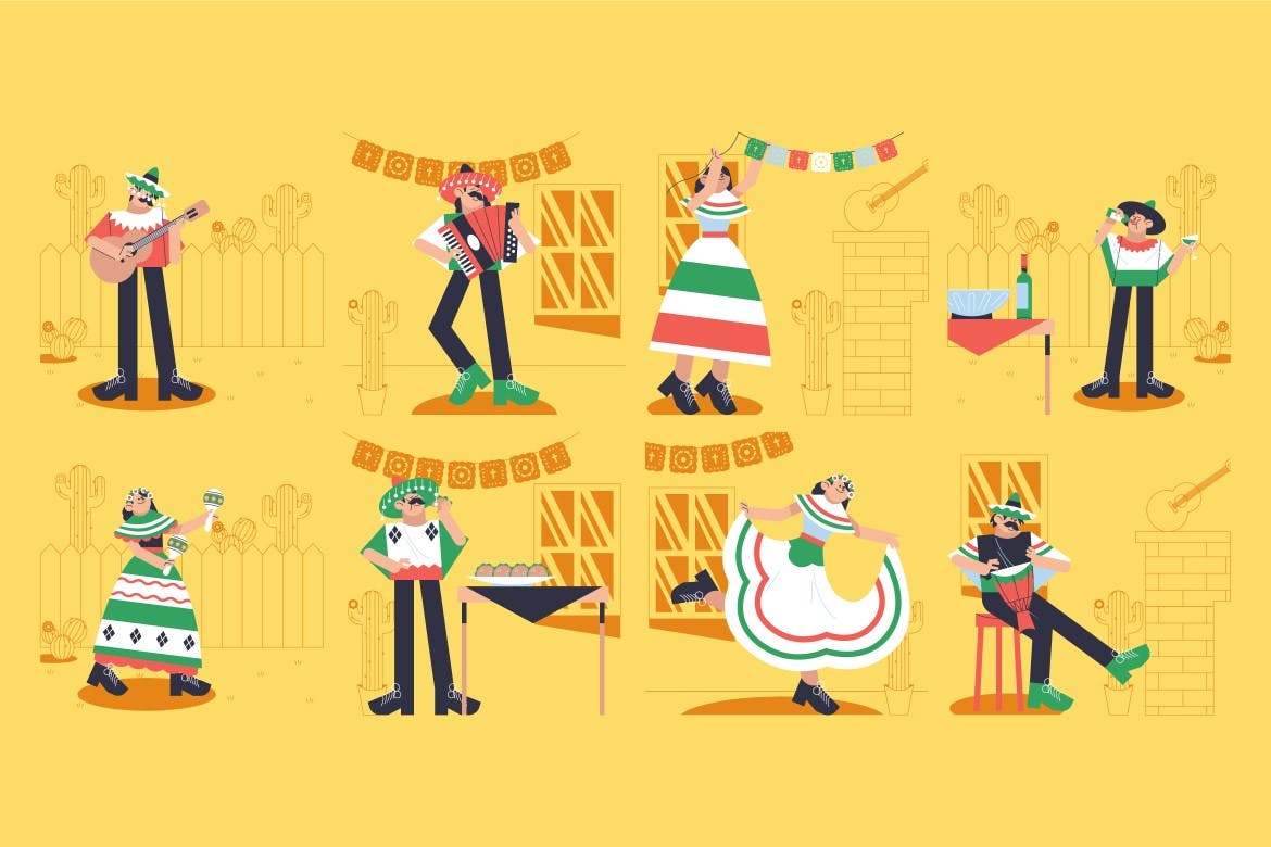 平面设计五月五日节人物矢量插画集 Pink Flat Design Cinco De Mayo Illustration Set 设计素材 sucaiwan.com