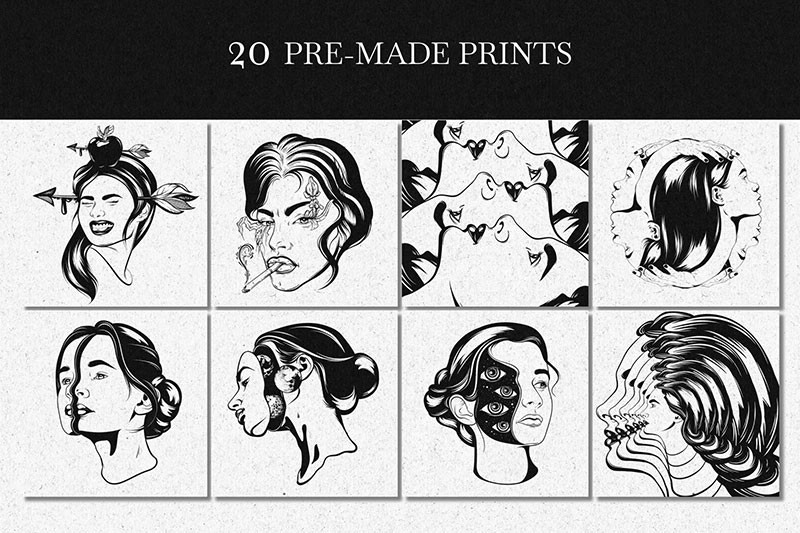 超现实女性肖像艺术版画和背景图案，AI源文件 图片素材 sucaiwan.com