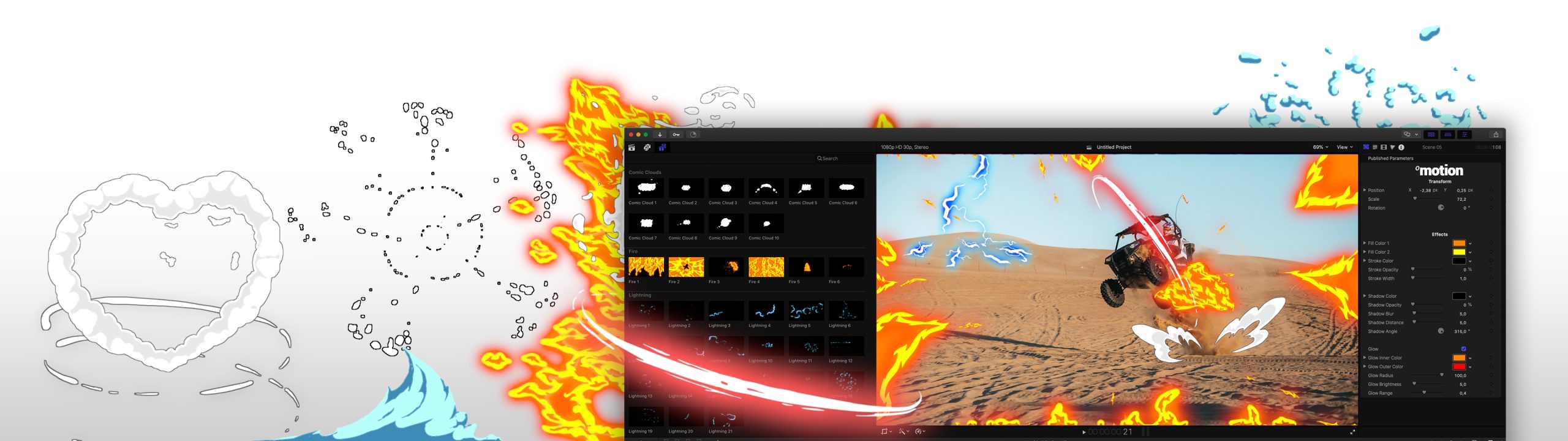 FCPX插件：155个二维卡通烟雾火花气泡火焰能量电流液体飞溅MG动画 插件预设 sucaiwan.com