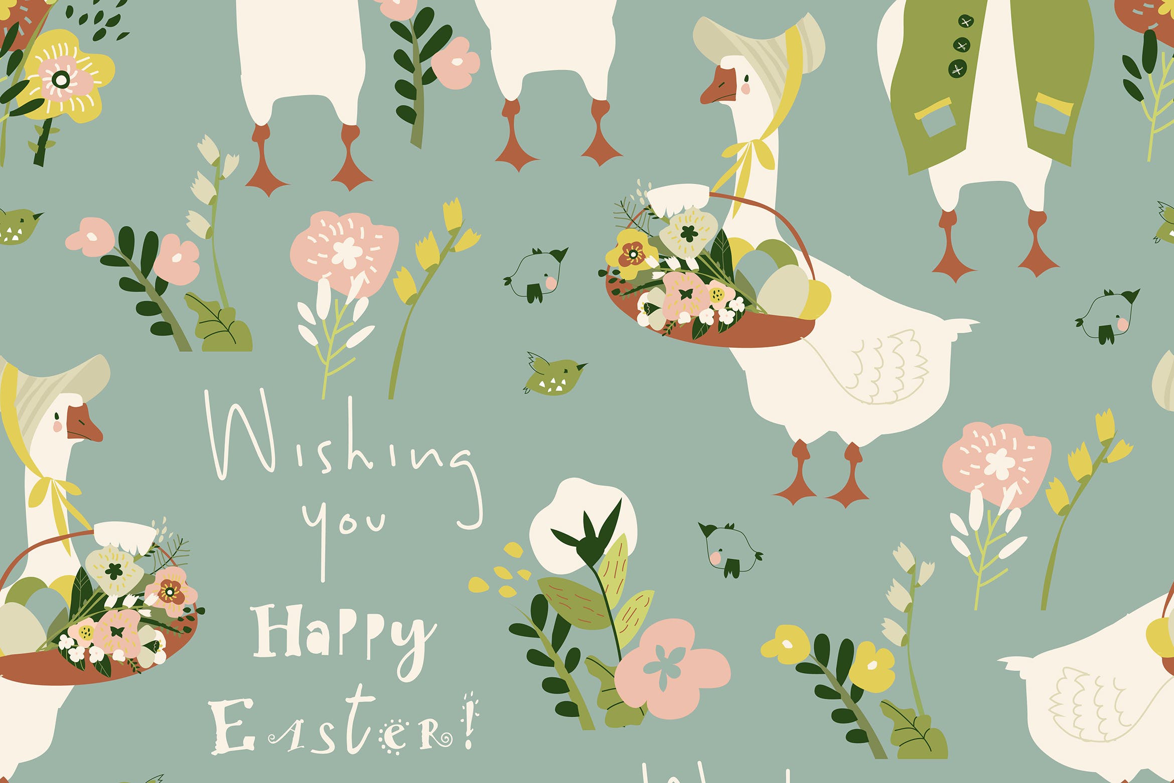 卡通鹅矢量无缝图案素材 Vector seamless pattern with cartoon gooses 图片素材 sucaiwan.com