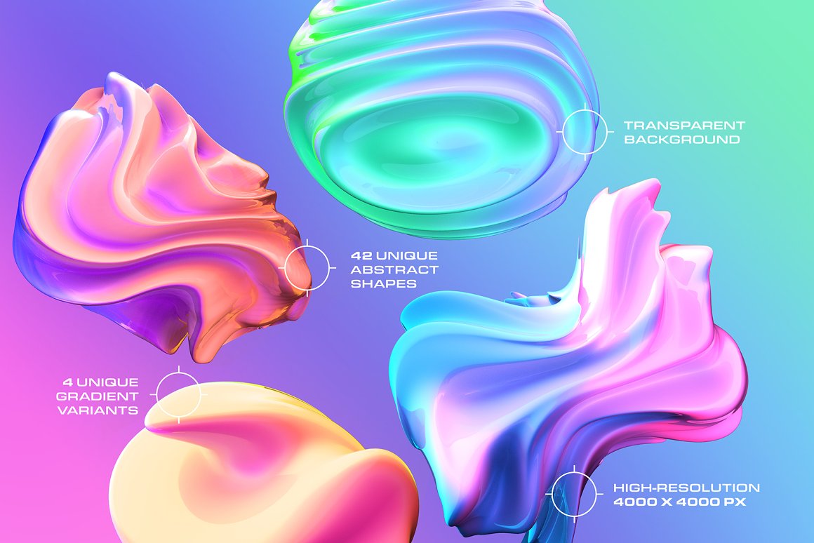 168个超现实扭曲渐变全息抽象艺术多彩3D立体免抠PNG素材 3D Gradient Abstract Shapes 图片素材 sucaiwan.com