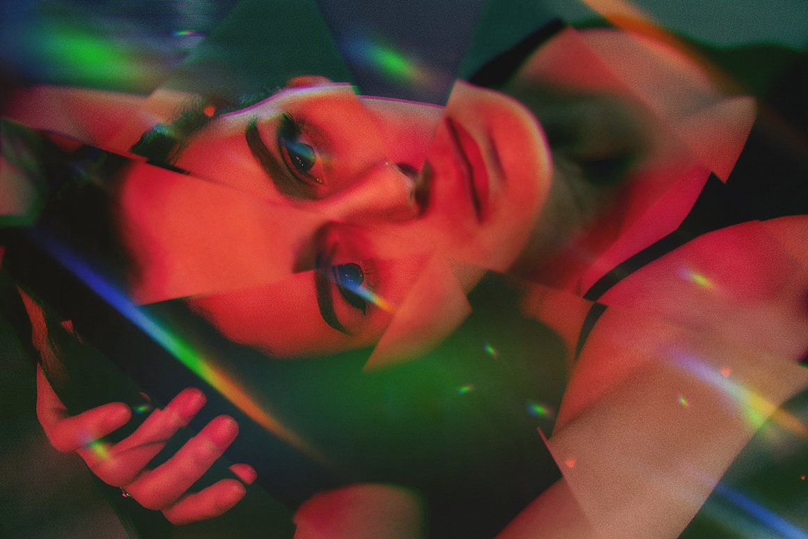 时尚迷幻故障风扭曲损坏错位玻璃碎片棱镜折射照片图像滤镜PS样机特效模板 Prismatic Photo Effect 样机素材 sucaiwan.com