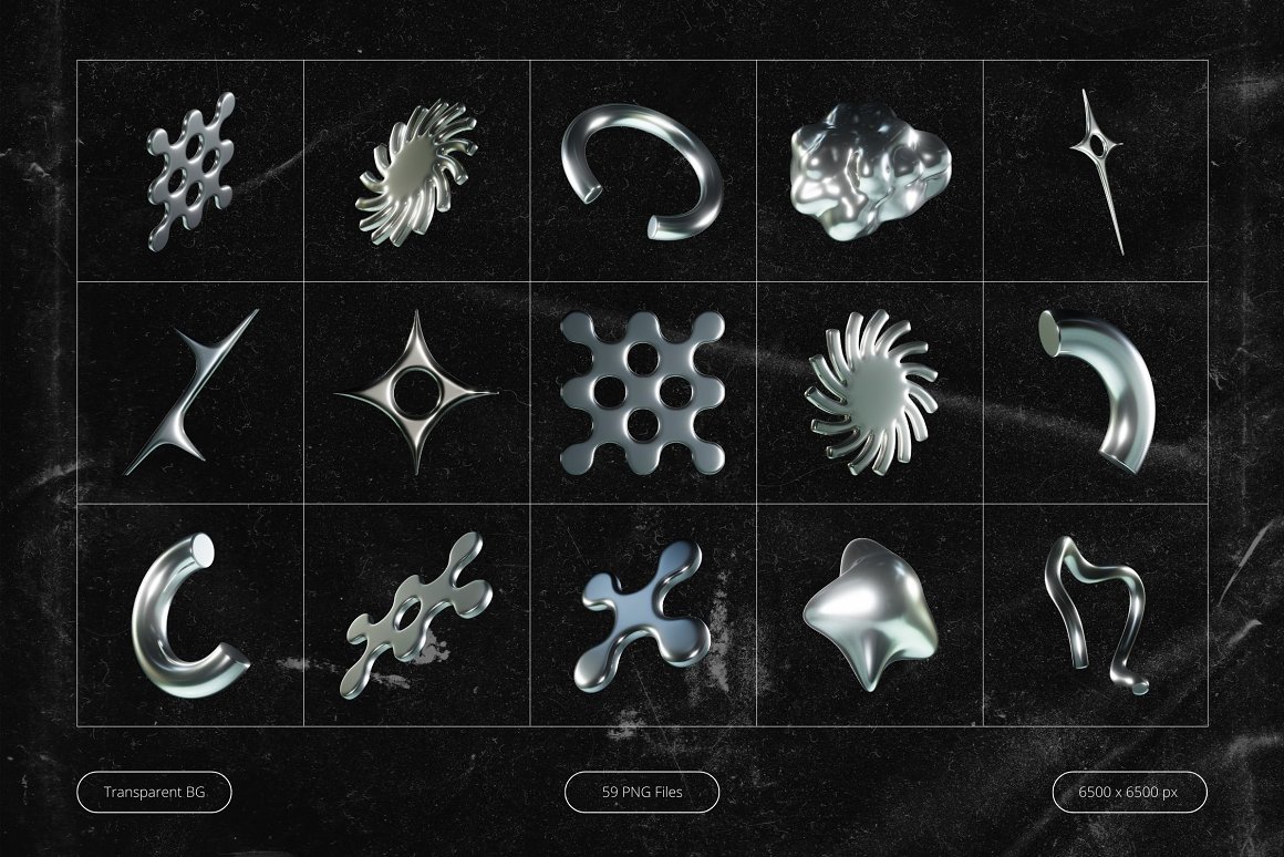 59款潮流3D三维立体金属镀铬未来抽象不规则几何PNG免抠图设计素材 3D Futuristic Chrome Shapes 图片素材 sucaiwan.com