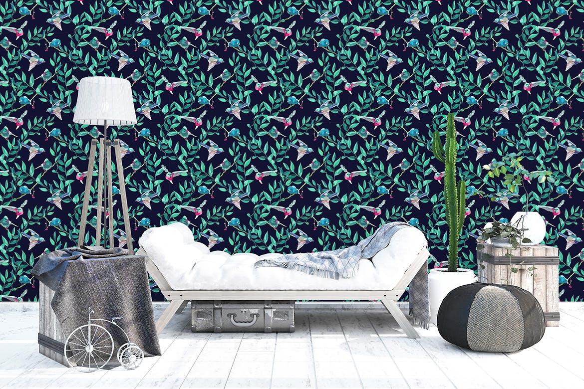 蓝鸟绿叶无缝图案设计素材 Blue Birds Seamless Pattern Design 图片素材 sucaiwan.com