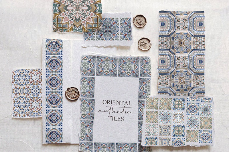 东方正宗瓷砖水彩图案套装 Oriental authentic tiles – watercolor set 图片素材 sucaiwan.com