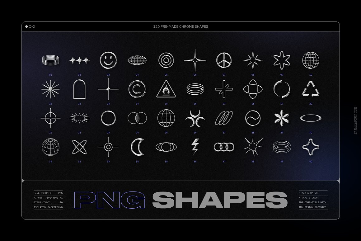 Samolevsky 新潮视觉酸性金属镀铬抽象艺术形状闪光光晕颗粒状纹理PSD模板 Chrome 3D Effect Chrome 3D Photoshop Effect + Shapes 图片素材 第16张-素材湾丨精选海外优质设计素材资源 Samolevsky 新潮视觉酸性金属镀铬抽象艺术形状闪光光晕颗粒状纹理PSD模板 Chrome 3D Effect Chrome 3D Photoshop Effect + Shapes 图片素材 sucaiwan.com