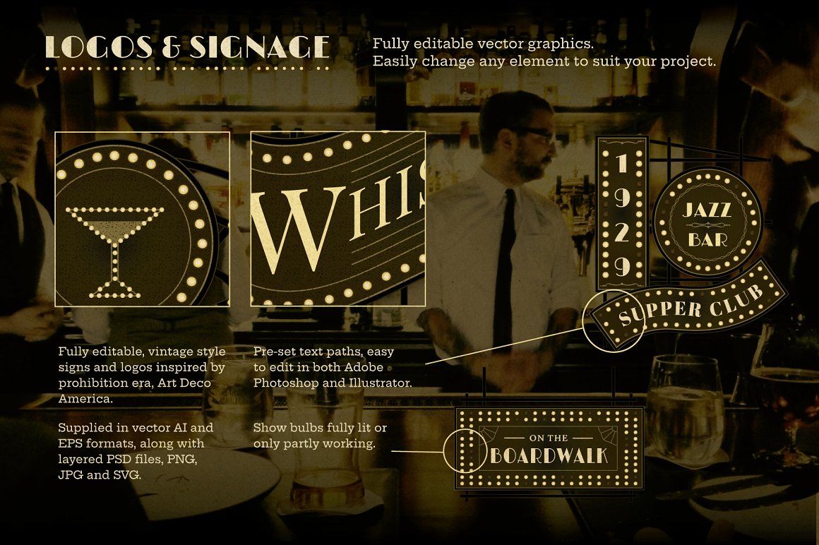 经典美式浮桥黑金舞厅酒吧标牌边框纹理插图AI矢量设计素材包 样机素材 sucaiwan.com