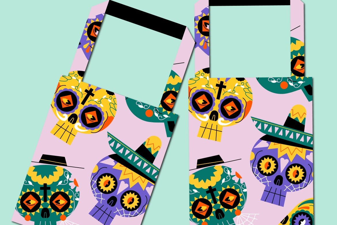 扁平设计骷髅头墨西哥矢量插画集 Pink Flat Design Skull Mexican Illustration Set 设计素材 sucaiwan.com