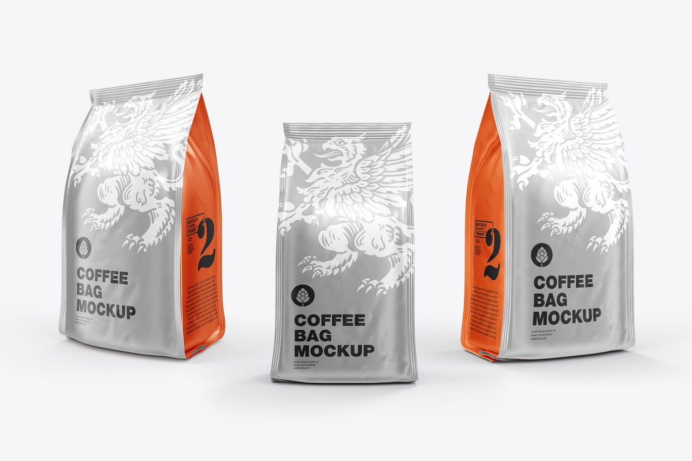 3个箔纸金属咖啡袋包装设计样机图psd模板 Set 3 Metallic Coffee Bags Mockup 样机素材 sucaiwan.com