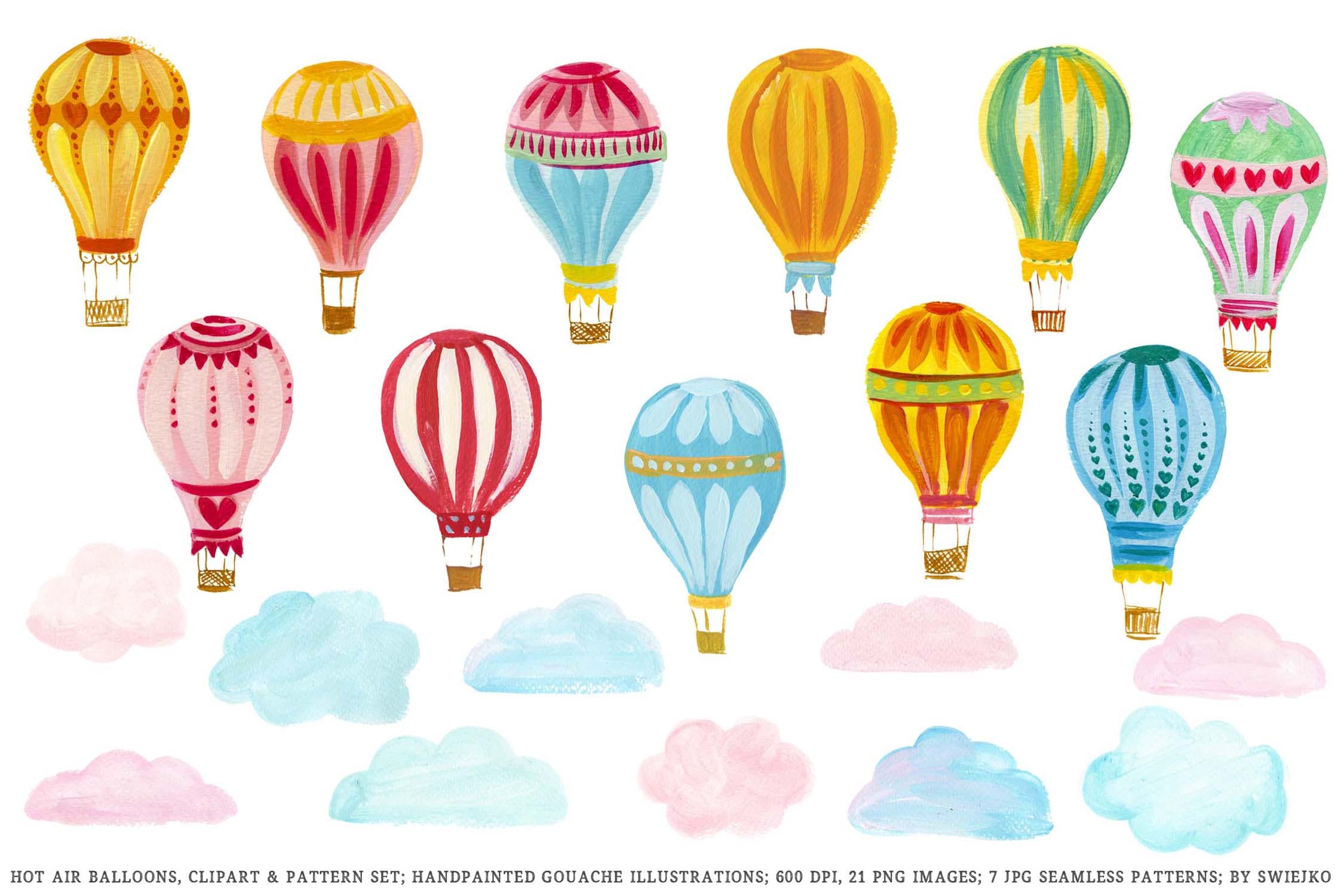 热气球剪贴画和图案集 Hot Air Balloons clipart & pattern set 图片素材 sucaiwan.com