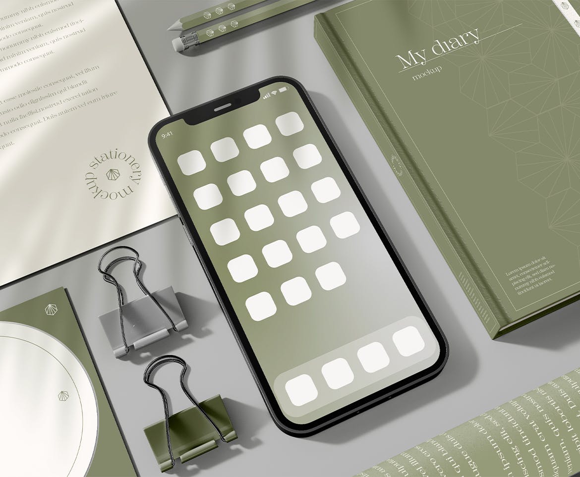 品牌手机&办公文具套装样机图 Branded Stationery Set Mockup 样机素材 sucaiwan.com