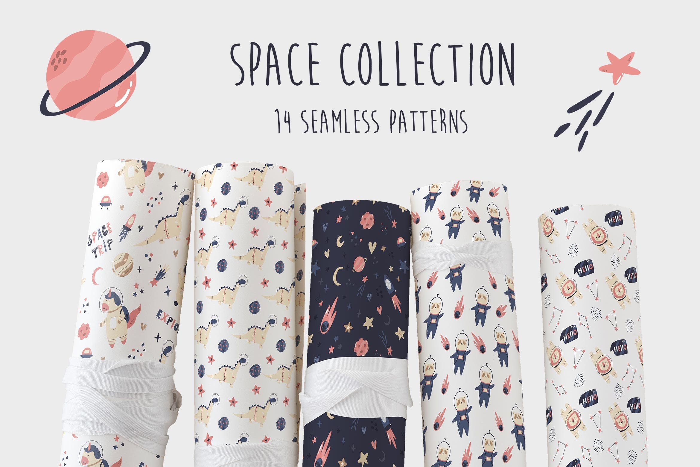 可爱的宇宙元素无缝图案集 Cute Cosmic Set of Seamless Patterns 图片素材 sucaiwan.com