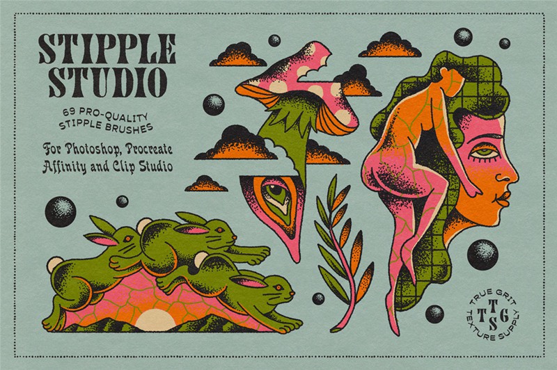 Procreate/PS笔刷:复古漫画风格不规则颗粒感网点底纹喷雾笔刷 True Grit Texture Stipple Studio . 第1张-素材湾丨精选海外优质设计素材资源 Procreate/PS笔刷:复古漫画风格不规则颗粒感网点底纹喷雾笔刷 True Grit Texture Stipple Studio . sucaiwan.com