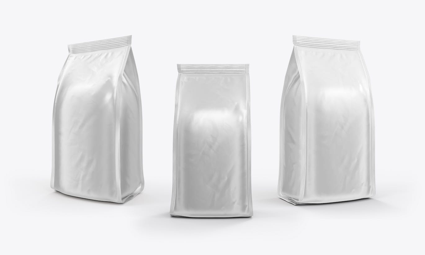 3个箔纸金属咖啡袋包装设计样机图psd模板 Set 3 Metallic Coffee Bags Mockup 样机素材 sucaiwan.com