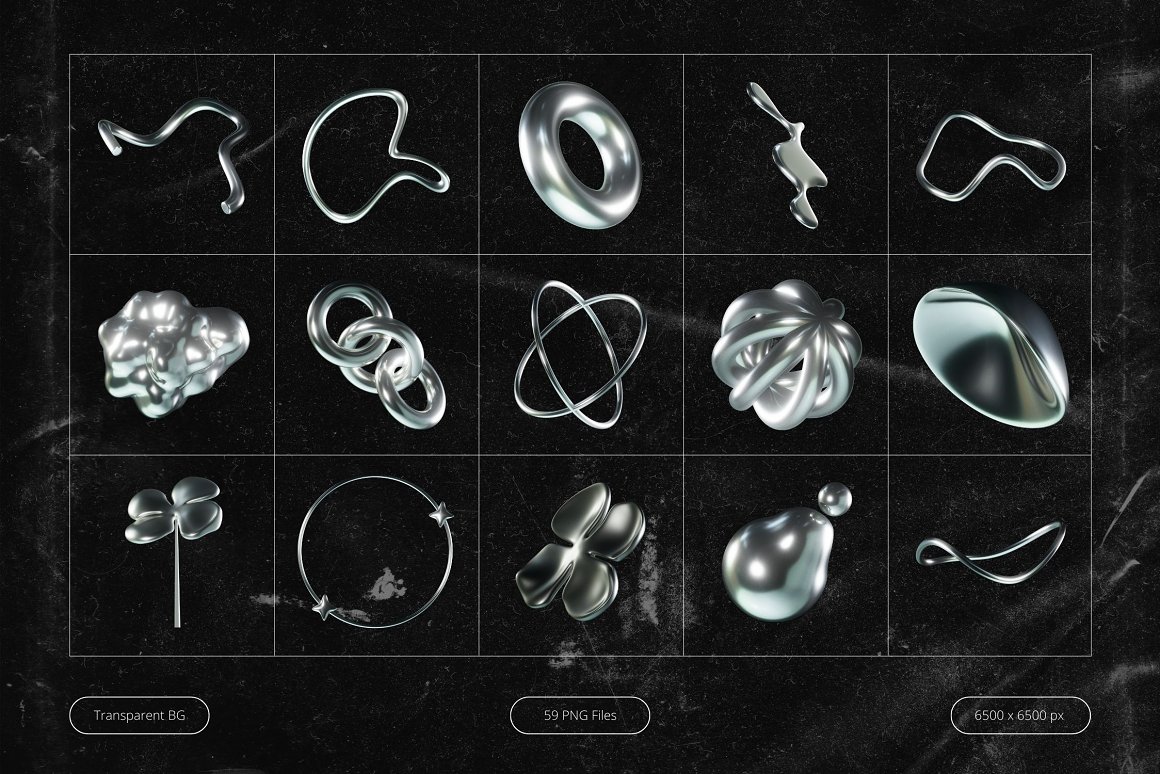 59款潮流3D三维立体金属镀铬未来抽象不规则几何PNG免抠图设计素材 3D Futuristic Chrome Shapes 图片素材 sucaiwan.com