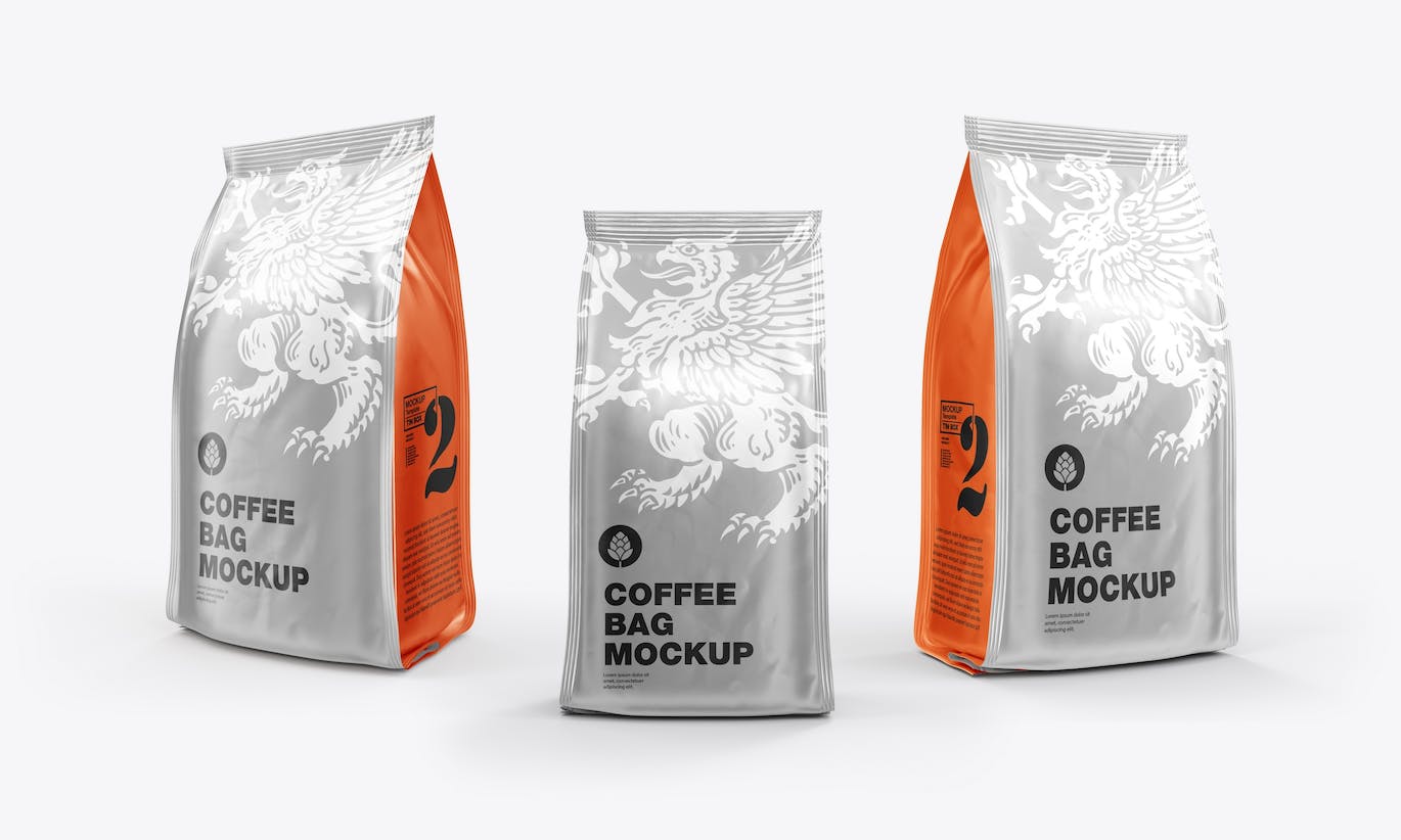 3个箔纸金属咖啡袋包装设计样机图psd模板 Set 3 Metallic Coffee Bags Mockup 样机素材 sucaiwan.com