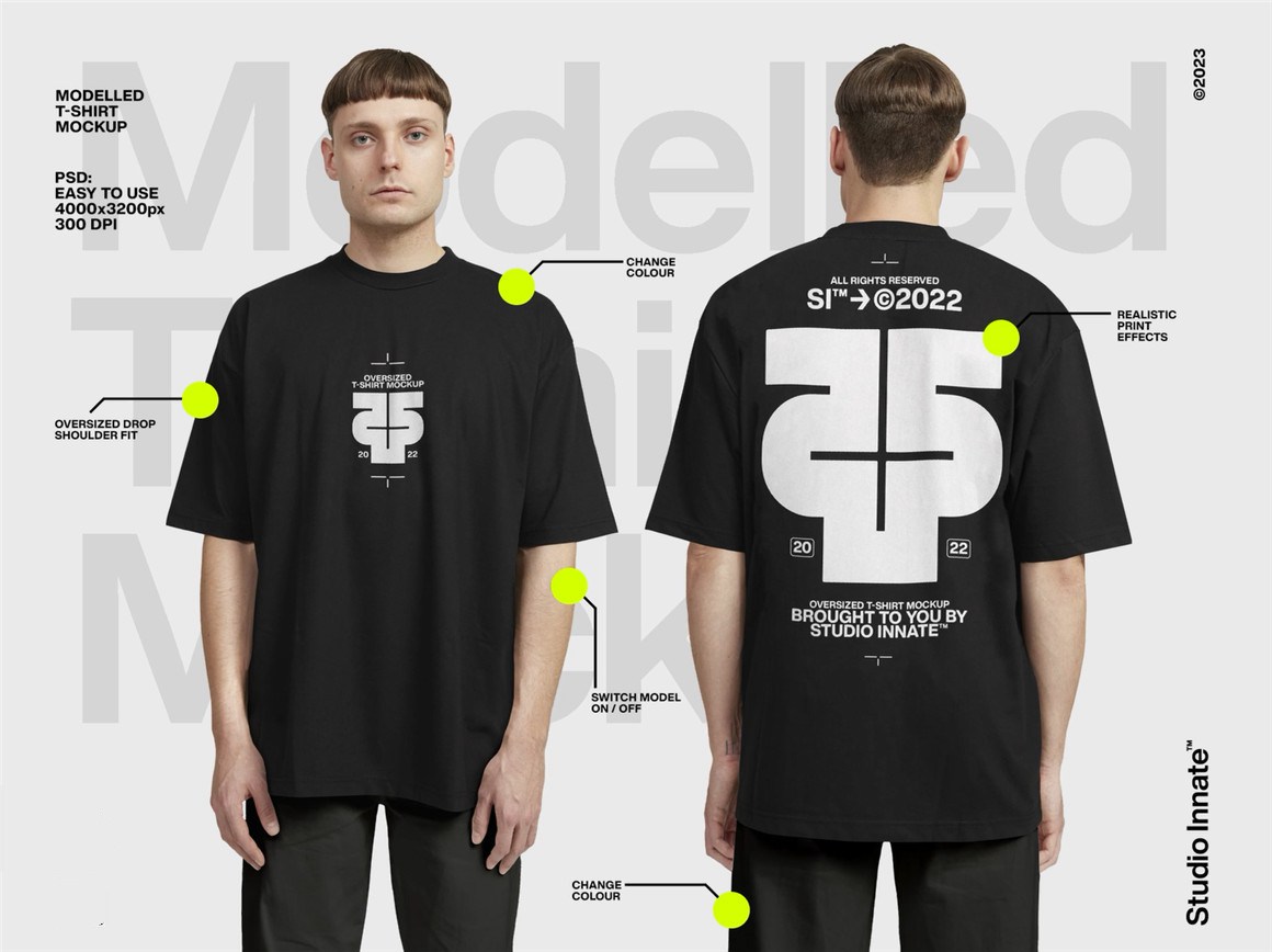 Studio Innate 高级工艺街头服饰品牌展示大码T恤PSD样机模板 Oversized Modelled T-Shirt Mockup 样机素材 sucaiwan.com