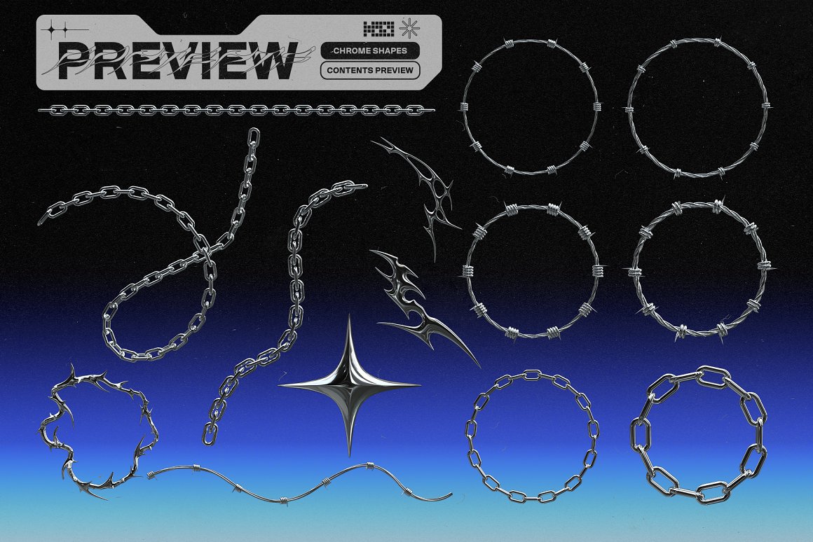 40款3D金属镀铬抽象几何部落图腾锋利尖锐Y2K锁链荆棘爱心笑脸PNG元素设计套装 Chrome Shapes PNG Elements 设计素材 第5张-素材湾丨精选海外优质设计素材资源 40款3D金属镀铬抽象几何部落图腾锋利尖锐Y2K锁链荆棘爱心笑脸PNG元素设计套装 Chrome Shapes PNG Elements 设计素材 sucaiwan.com